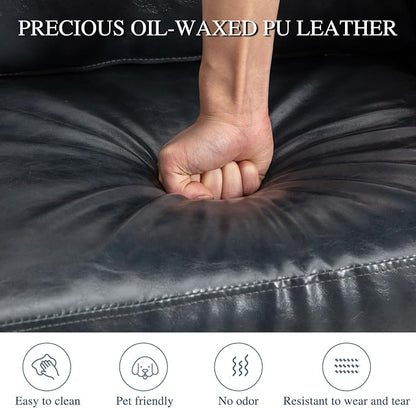 HAOMARKETS 360 Degree Swivel Accent Chair Set of 4 with Plump Back Pillow, Waterproof Oil Waxed PU Leather Swivel Armchair with Rivets, Comfy Vintage Round Barrel Chair for Living Room