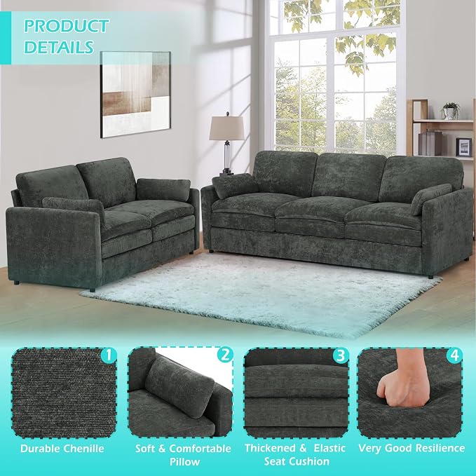2 Pieces Chenille Sofa Set w/Two Throw Pillows, Upholstered Loveseat & 3 Seater Sofa w/Comfortable Back Cushions, Modern 2-Seat & 3-Seat w/High-Density Foam for Living Room, Apartment, Grey