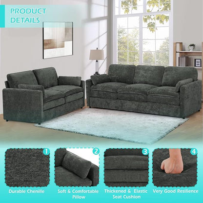 2 Pieces Chenille Sofa Set w/Two Throw Pillows, Upholstered Loveseat & 3 Seater Sofa w/Comfortable Back Cushions, Modern 2-Seat & 3-Seat w/High-Density Foam for Living Room, Apartment, Grey