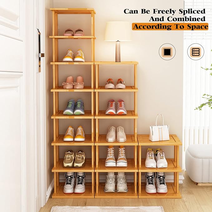 SAN HE Bamboo Shoe Rack 5Tier- Vertical Shoe Rack for Small Spaces, Tall Narrow Shoe Rack Organizer for Closet Entryway Corner Garage and Bedroom,Skinny Shoe Shelf with Free Stackable DIY