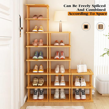 SAN HE Bamboo Shoe Rack 5Tier- Vertical Shoe Rack for Small Spaces, Tall Narrow Shoe Rack Organizer for Closet Entryway Corner Garage and Bedroom,Skinny Shoe Shelf with Free Stackable DIY