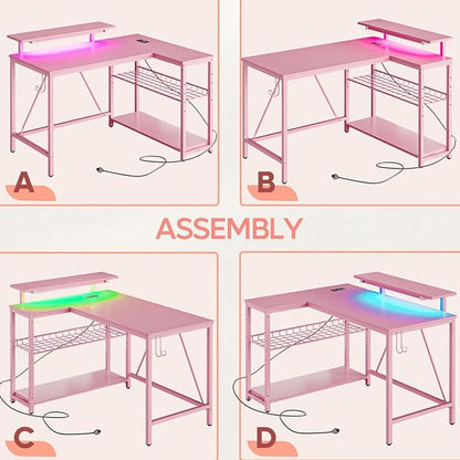 Bestier Pink Computer Desk with Power Outlets,42 LED Small Gaming Corner Desk with Reversible Storage Shelves,L Shaped Desk with Headset Hooks Studying and Workstation Desk for Office and Bedroom