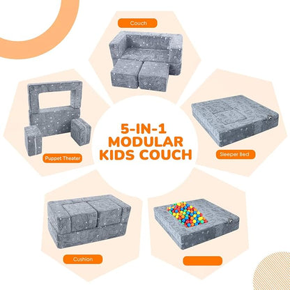 MeMoreCool Dinosaur Glow Foam Kids Play Couch Set, Gray Modular Sofa & Lounger – Glow-After-Light Dinosaur Pattern, Machine-Washable Cover