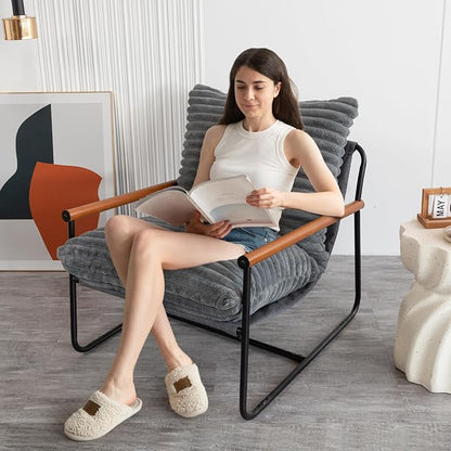 MAXYOYO Accent Chair, Sherpa Arm Chair for Living Room, Mid Century Modern Accent Chairs, Boucle Reading Bedroom Chair, Teddy Armchair, Wooden Arms Metal Frame