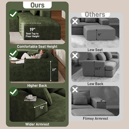 143" Oversized U Shaped Cloud Sectional Couches for Living Room, Comfy Fluffy Corduroy Green Boneless Couch, Large Modular Sectional Sofa Set with Chaise, Cup Holder, USB Port, Storage Console