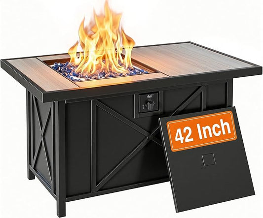 BALI OUTDOORS 42 inch 50,000 BTU Rectangular Propane Gas Fire Pit Table with Fire Glass and Table Lid, Fire Pits Outdoor for Garden, Patio, Backyard
