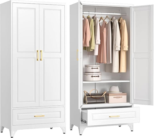 Polup Metal Wardrobe Closet with Doors and Shelves, 71" Tall Steel Armoire with Hanging Rod & Storage Drawer, Sturdy Freestanding Clothes Organizer for Bedroom, Office, Laundry Room, White