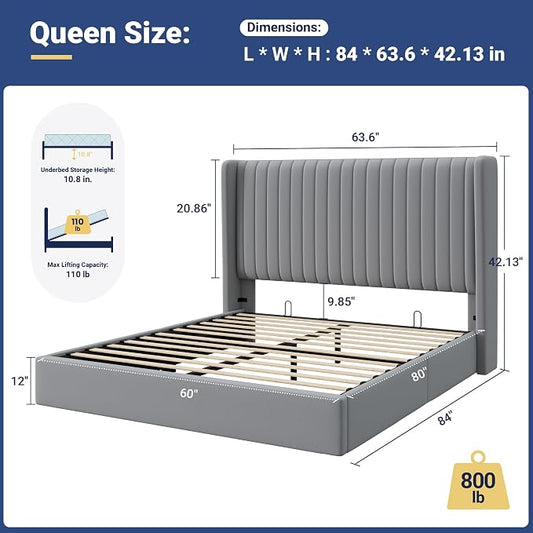 Allewie Queen Size Lift Up Storage Bed Frame, Hydraulic Support System, Upholstered Platform Bed Frame, Underneath Storage, Vertical Channel Tufted Headboard with Wingback, No Box Spring Needed, Grey