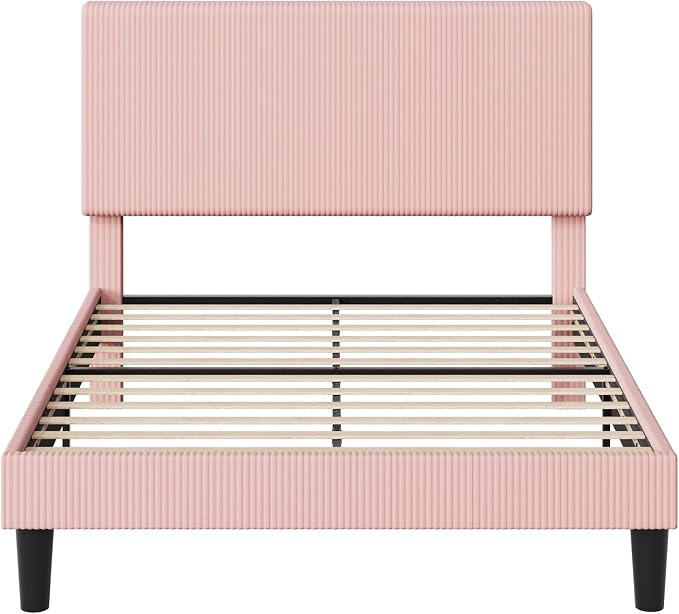 Allewie Queen Size Upholstered Bed Frame with Vertical Channel Tufted Headboard, Soft Corduroy Fabric Platform Bed, Strong Wooden Slats Support, Easy Assembly, No Box Spring Needed, Light Pink