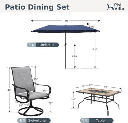 PHI VILLA Outdoor Patio Dining Set with Umbrella for 6 Person, Outdoor Swivel Dining Chairs & 1 Large Wooden-Like Top Table with 13ft Navy Blue Outdoor Umbrella(No Base) for Deck Lawn Garden Backyard