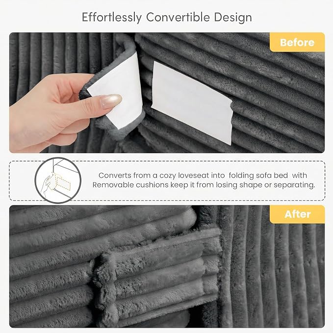 cidludto Boneless Couch Loveseat Sleeper, Convertible Sofa Bed Folding Couch Bed Foldable, 2 in 1 Boneless Chair Bed & Futon Sofa Bed, Small Pull Out Sofa with 4 Pillows for Living Room, Grey