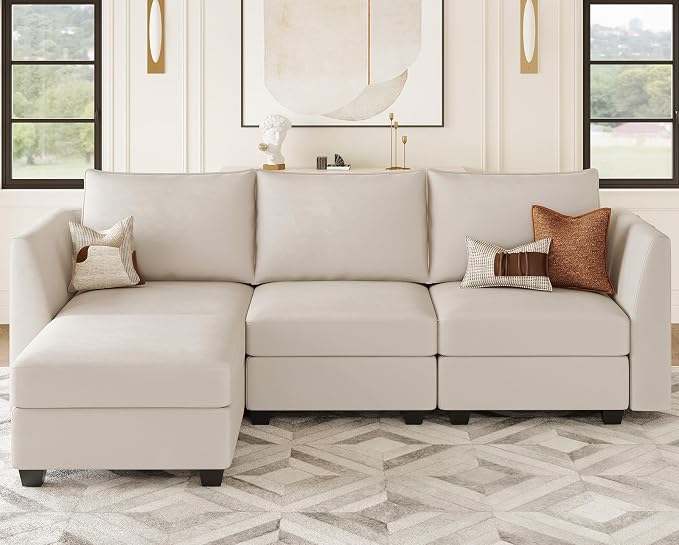 Belffin Convertible Sectional Sofa with Chaise Velvet L Shaped Sofa Couch Modular Sectional Sofa with Storage Beige