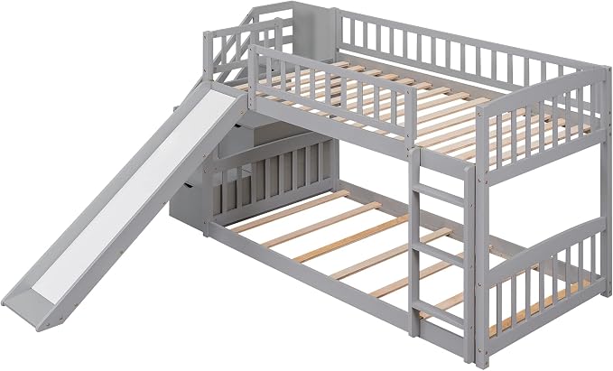 Ball & Cast Twin Over Twin Size Bunk Bed with Two Drawers and Slide,Wood Bunkbed w/Full-Length Guardrails & Storage Convertible Ladder,Space Saving,Slat Support,Bedframe for Child's BedroomGray