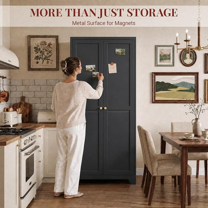 75" Metal Kitchen Pantry Cabinet with Dual Handles & Adjustable Legs, Freestanding Storage Cabinet with Doors and 5 Adjustable Shelves, Tall Food Pantry for Kitchen Dining Room, Black