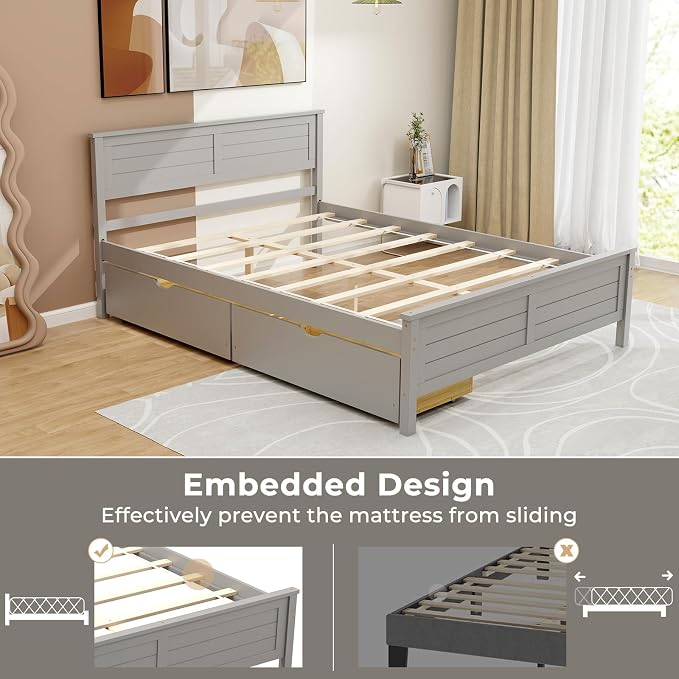 Giantex Wood Full Size Bed Frame with 2 Storage Drawers, Solid Wood Platform Bed with Headboard, Wooden Slats Mattress Foundation, No Spring Needed, Full Bed Frame for Kids, Teens, Adults, Grey