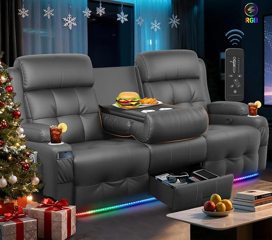Loveseat Recliner Sofa, Home Theater Seating with Massage, 3 Seat Reclining Loveseats with Flip Backrest, Wall Hugger RV Couch Theater Chairs, RV Furniture Sofas with USB, Cup Holders for Gaming Room
