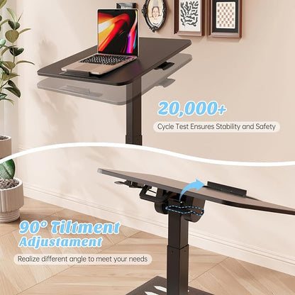 Foldable Mobile Standing Desk, Pneumatic Height Adjustable Rolling Sit Stand Desk, 90° Tiltable Portable Laptop Cart on Wheels, Mobile Desk Workstation for Home Office, Easy to Fold