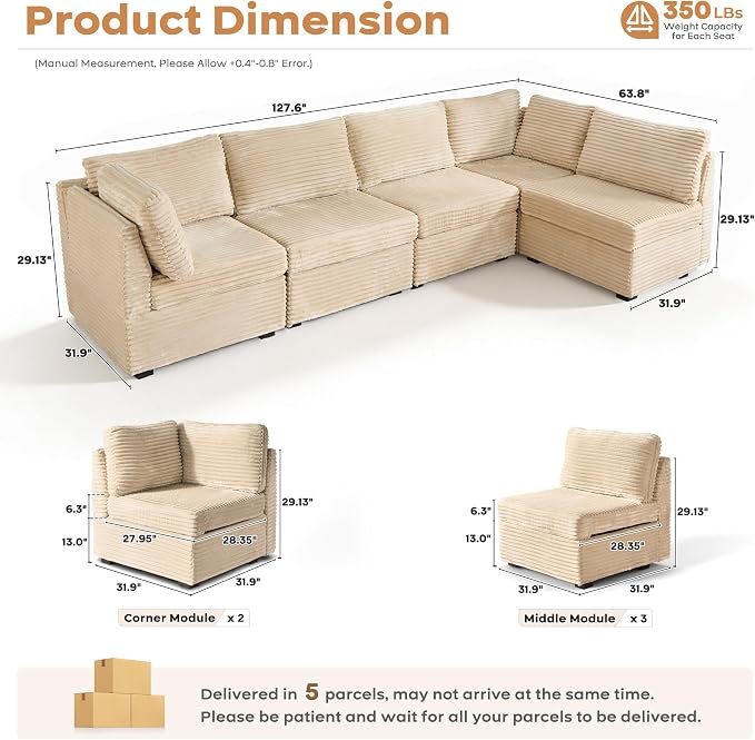 ovios Modular Sectional Sofa Couch with U-Shape Chaise Oversized, Comfy Plush Corduroy Cloud Couches, Modern Luxury Deep Seat Sofas Set for Living Room, 5-Seater, Beige