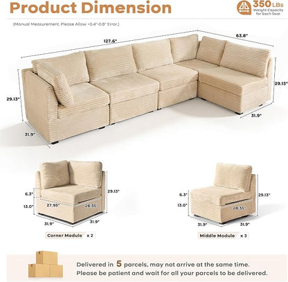 ovios Modular Sectional Sofa Couch with U-Shape Chaise Oversized, Comfy Plush Corduroy Cloud Couches, Modern Luxury Deep Seat Sofas Set for Living Room, 5-Seater, Beige