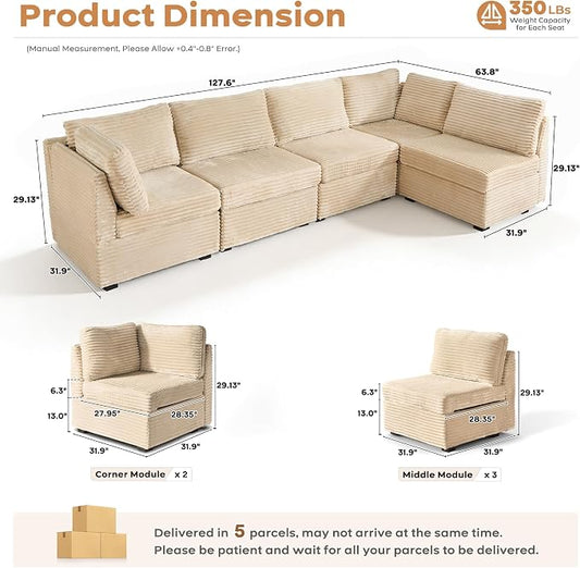 ovios Modular Sectional Sofa Couch with U-Shape Chaise Oversized, Comfy Plush Corduroy Cloud Couches, Modern Luxury Deep Seat Sofas Set for Living Room, 5-Seater, Beige