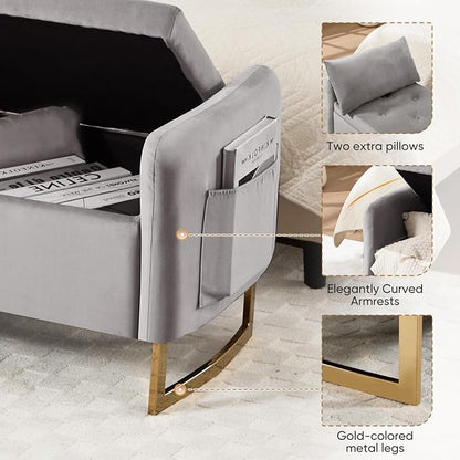 48" End of Bed Bench, Modern Storage Benches with Button-Tufted, Velvet Upholstered Storage Ottoman Bench for Foot of Bed with Arms, Gold Legs Window and Entryway, Light Grey
