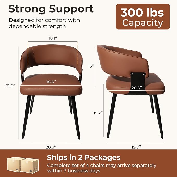 Dining Chairs Set of 4, Modern Upholstered Faux Leather Kitchen Chairs with Curved Back, Easy to Assemble & Clean for Dining Room, Restaurant, Cafe, Brown