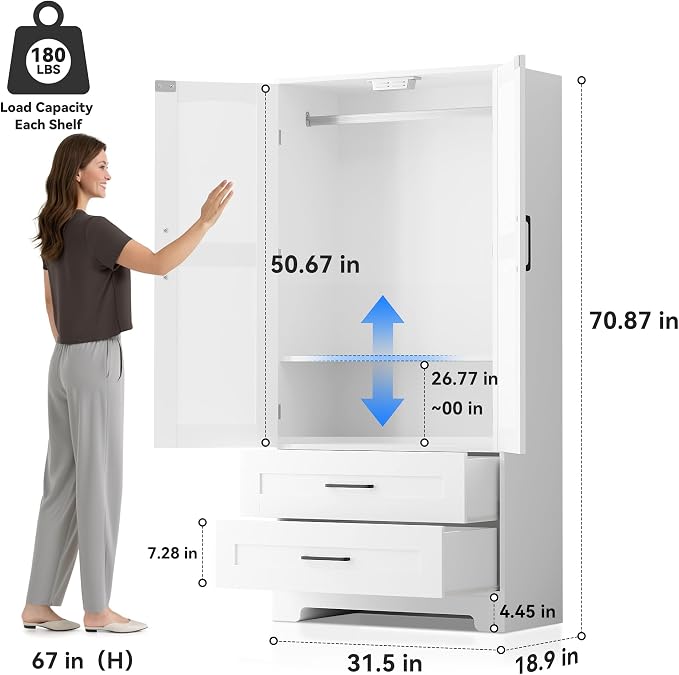 Wooden Armoire Wardrobe Closet, Bedroom Armoires with Door and Drawers, Freestanding Wardrobe Clothing Storage Cabinet with Shelves and Hanging Rod for Bedroom, Laundry Room, Cloak Room（White）