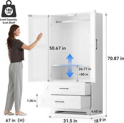Wooden Armoire Wardrobe Closet, Bedroom Armoires with Door and Drawers, Freestanding Wardrobe Clothing Storage Cabinet with Shelves and Hanging Rod for Bedroom, Laundry Room, Cloak Room（White）
