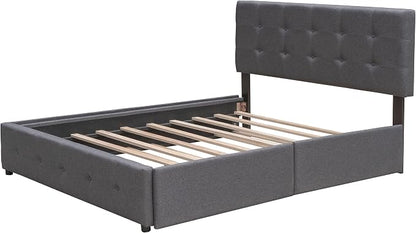 Ball & Cast Queen Bed Frame with 2 Drawers and 1 Twin XL Trundle, Linen Upholstered Platform Bed Frame Queen Size with Button Tufted Headboard & Wood Slats Support,No Box Spring Needed,Dark Gray