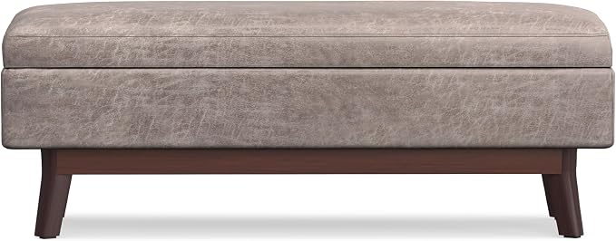 SIMPLIHOME Owen Rectangular Storage Ottoman - 48 inch Wide Upholstered Vegan Leather Lift-Top Ottoman in Distressed Grey Taupe, Mid-Century Modern Ottoman for Living Room with Tufted Detail