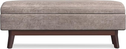 SIMPLIHOME Owen Rectangular Storage Ottoman - 48 inch Wide Upholstered Vegan Leather Lift-Top Ottoman in Distressed Grey Taupe, Mid-Century Modern Ottoman for Living Room with Tufted Detail