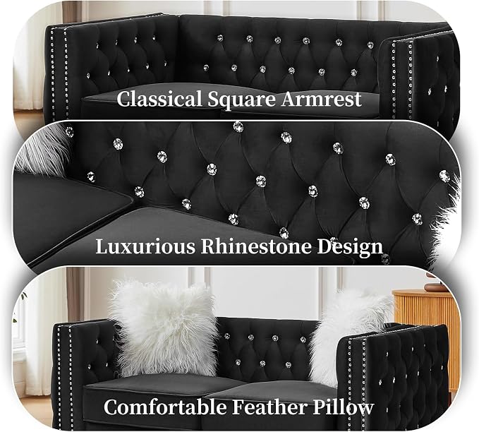 60" Chesterfield Sofa, Velvet Mid-Century Modern Upholstered Loveseat Sofa with 2 Throw Pillows and Acrylic Legs, Nailhead Button Tufted Vintage Couch for Living Room, Apartment, Black