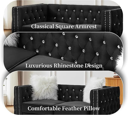 60" Chesterfield Sofa, Velvet Mid-Century Modern Upholstered Loveseat Sofa with 2 Throw Pillows and Acrylic Legs, Nailhead Button Tufted Vintage Couch for Living Room, Apartment, Black