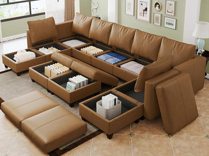EASE MOOSE Faux Leather Sectional, Large Faux Leather Modular Sofa Couch U Shaped Sectional Couch with Storage Ottomans, Brown