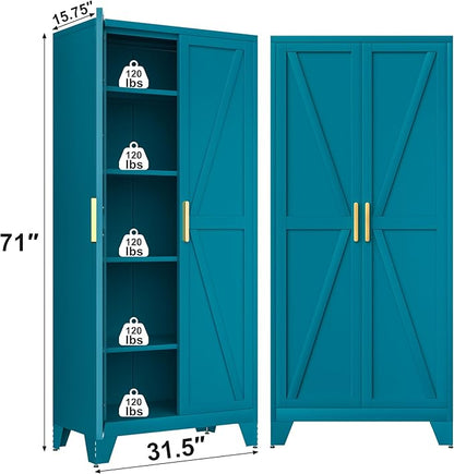 71H Tall Metal Storage Cabinet with 2 Doors and 5 Shelves, Farmhouse Storage Cabinet with Barn Doors, Pantry Storage for Home, Office, Bathroom, Dining Room, Kitchen (Blue)