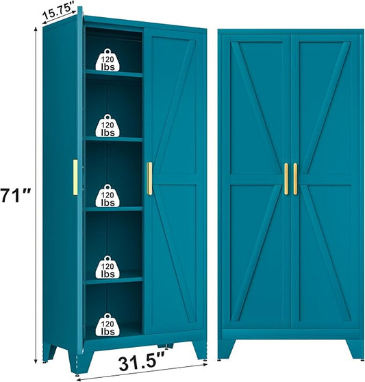 71H Tall Metal Storage Cabinet with 2 Doors and 5 Shelves, Farmhouse Storage Cabinet with Barn Doors, Pantry Storage for Home, Office, Bathroom, Dining Room, Kitchen (Blue)