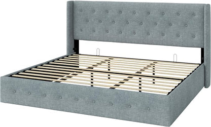 Allewie King Size Lift Up Storage Bed, Button Tufted Headboard with Wingback, Hydraulic Support, No Box Spring Needed, Grey Blue