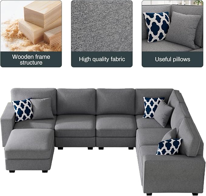 Legend Vansen Oversized Modular Sectional Sofa,U/L‑Shaped Reversible Couch with Ottoman,Deep Seat Plush Polyester Sofa for Living Room,7‑Seater,Dark Grey