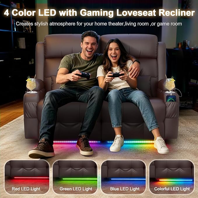 Power Reclining Loveseat with Massage & Heat,Wall Hugger Home Theater Seating with LED Lights,USB & Type-C Ports, Ideal for RV, Home Theater and Living Room,Brown,2 Seats