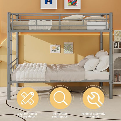 HRVEOCEI 2-Way Convertible Twin Over Twin Bunk Bed with Guardrail & Ladders, Metal Low Bunkbed for Kids Boys Girls, Heavy Duty, No Box Spring Needed, Space-Saving (Silver, No Trundle)