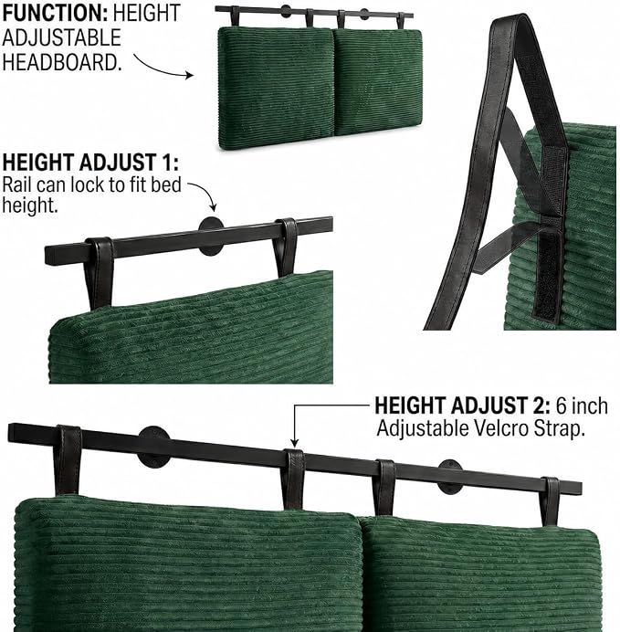 King Headboard only, Wall Mounted Headboard for Adjustable Bed, Hanging Head Board for King Size Bed Upholstered Headboard Cabeceras De Cama for Bedroom, Dorm, Guest Room, Green