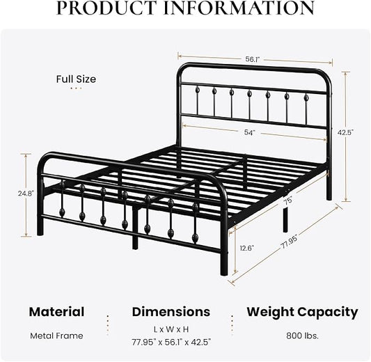 SHA CERLIN Full Size Metal Platform Bed Frame with Victorian Style Iron-Art Headboard and Footboard, Easy Assembly, Under Bed Storage, No Box Spring Required, Black