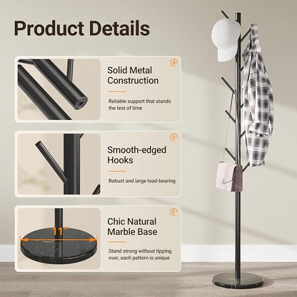 ELYKEN Coat Rack Freestanding, Metal Coat Rack with Natural Marble Base | 10 Hooks, 3 Adjustable Heights, Heavy Duty Coat Tree for Entryway, Hallway, Bedroom, Office, Black
