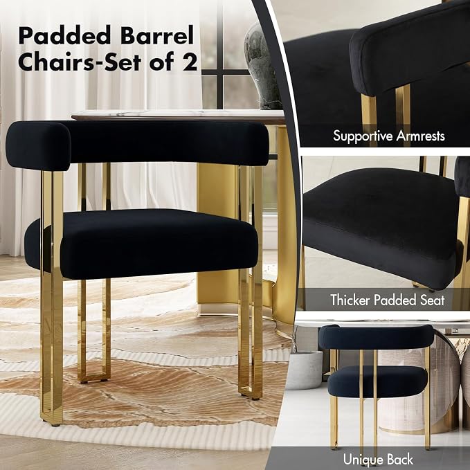 Hyfirm Black and Gold Modern Dining Chairs Set of 2, Velvet Upholstered Barrel Armchairs with Metal Legs for Kitchen Island, Mid Century Accent Chairs for Dining Room Living Room, Open-Back