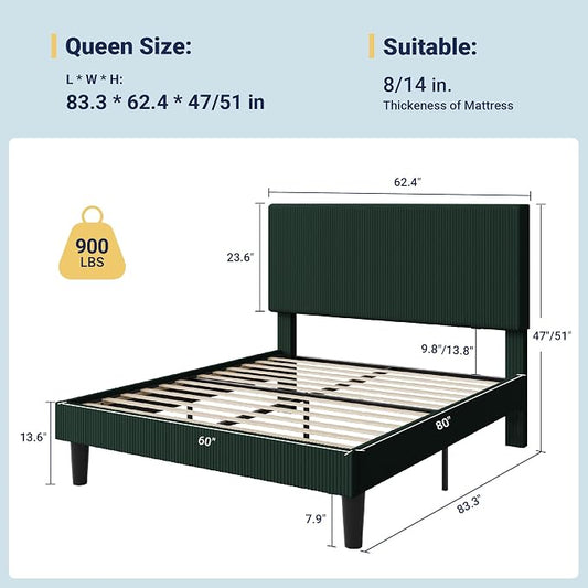 Allewie Queen Size Upholstered Bed Frame with Vertical Channel Tufted Headboard, Soft Corduroy Fabric Platform Bed, Strong Wooden Slats Support, Easy Assembly, No Box Spring Needed, Dark Green