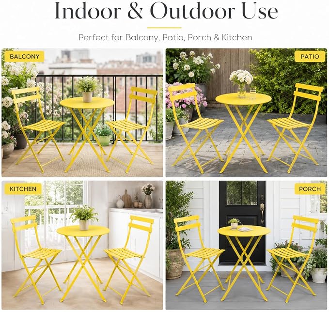Small 3 Piece Patio Set, Bistro Table and Chairs Set of 2, Outdoor Folding Coffee Table, Outdoor Patio Furniture Set for Balcony, Yard, Garden, Yellow (Yellow)