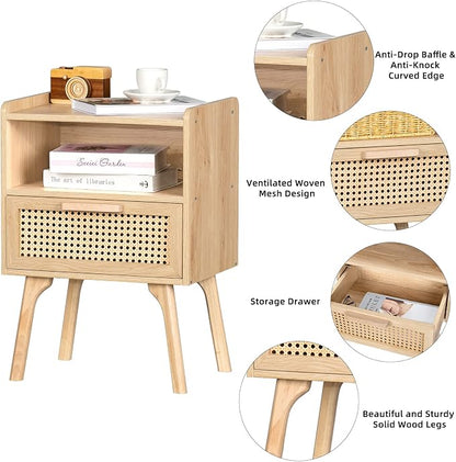 Lerliuo Rattan Nightstand, Boho Side Table with Drawer Open Shelf, Cane Accent Bedside End Table with Solid Wood Legs for Bedroom, Dorm and Small Spaces (Natural)