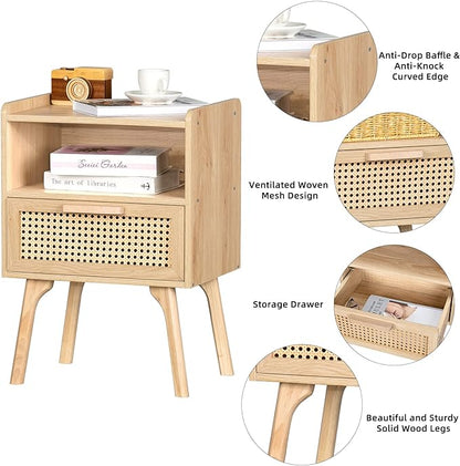 Lerliuo Rattan Nightstands Set of 2, Boho Side Table with Drawer Open Shelf, Cane Accent Bedside End Table with Solid Wood Legs for Bedroom, Dorm and Small Spaces (Natural)