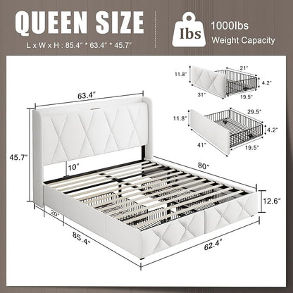 Einhomn Queen Bed Frame with 4 Storage Drawers and Charging Station, Upholstered Platform Bed Frame with Storage Headboard, No Box Spring Needed, Easy Assembly, White