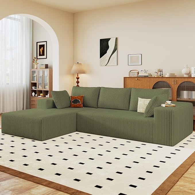 96" Modular Sectional Sofa, Modern Corduroy Cloud Couch with Deep Seat, Boneless Couch Upholstered 3-Seater L-Shaped Sofa for Living Room, No Assembly Required (Green, Left-Facing Chaise)